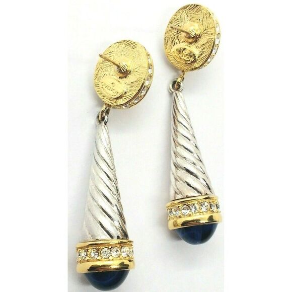 Givenchy Paris Faux Sapphire Ruby Silver & Gold Plated Crystal Dangle Earrings - Picture 3 of 3